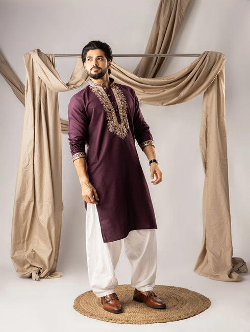 Wine Linen Mens Kurta With Payjama - Close-up View | Samyak Fashion