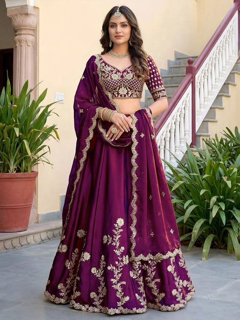 Wine Rangoli Silk Lehenga Choli - Front View | Samyak Fashion