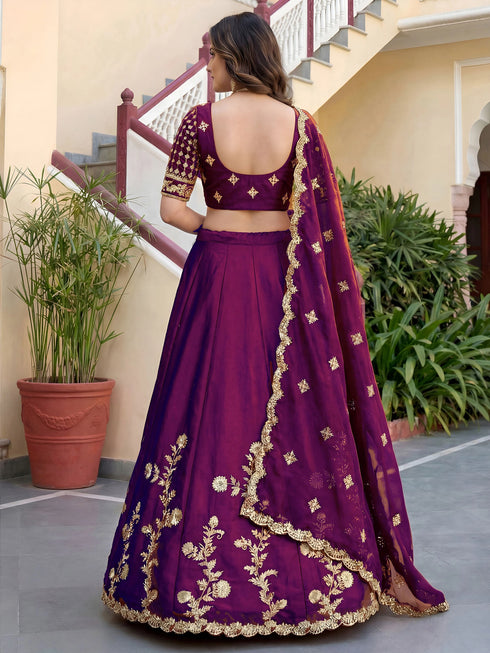 Wine Rangoli Silk Lehenga Choli - Back View | Samyak Fashion