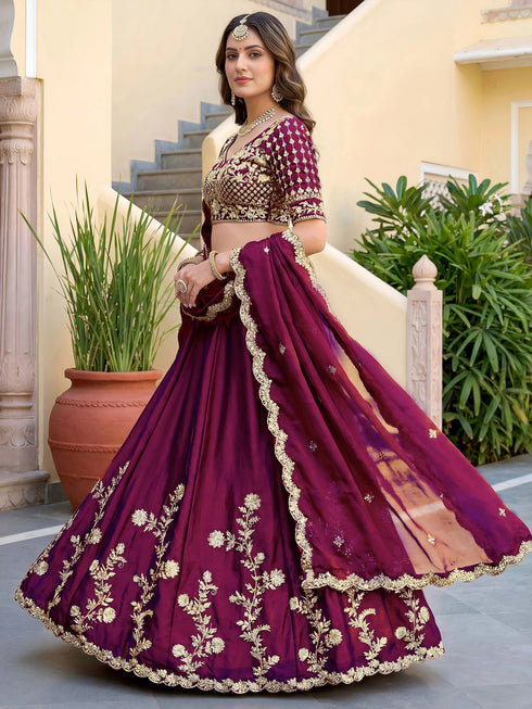 Wine Rangoli Silk Lehenga Choli - Detail View | Samyak Fashion