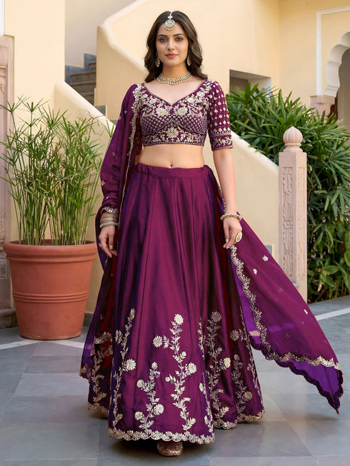 Wine Rangoli Silk Lehenga Choli - Close-up View | Samyak Fashion