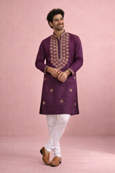 Wine Rolex Silk Mens Kurta With Payjama - Front View | Samyak Fashion