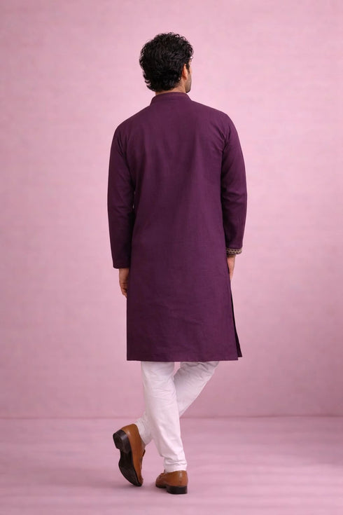 Wine Rolex Silk Mens Kurta With Payjama - Back View | Samyak Fashion