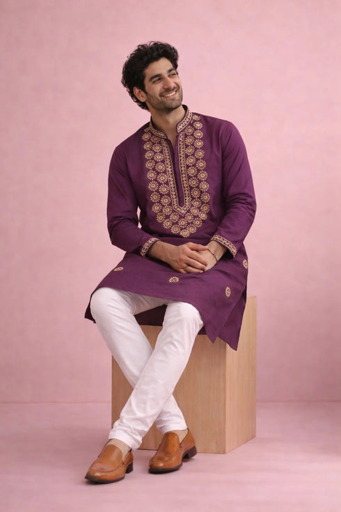 Wine Rolex Silk Mens Kurta With Payjama - Side View | Samyak Fashion