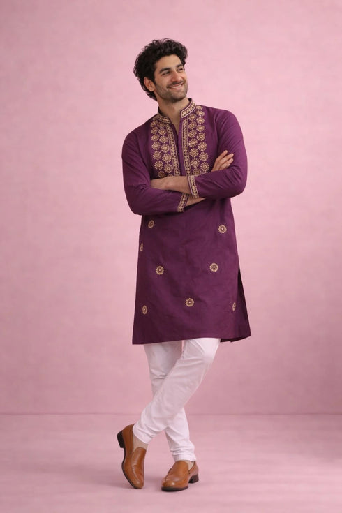 Wine Rolex Silk Mens Kurta With Payjama - Detail View | Samyak Fashion