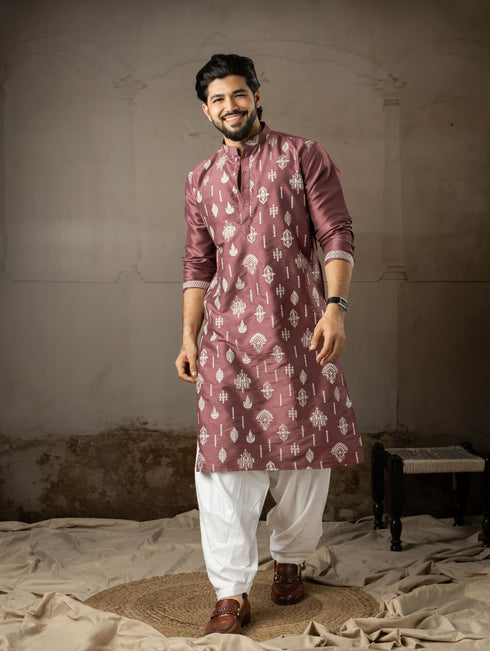Wine Silk Mens Kurta With Payjama - Front View | Samyak Fashion