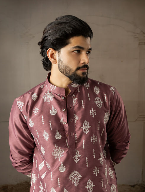 Wine Silk Mens Kurta With Payjama - Side View | Samyak Fashion