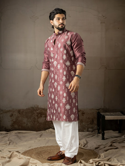 Wine Silk Mens Kurta With Payjama - Detail View | Samyak Fashion