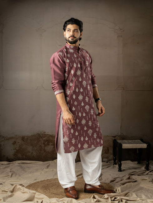 Wine Silk Mens Kurta With Payjama - Close-up View | Samyak Fashion