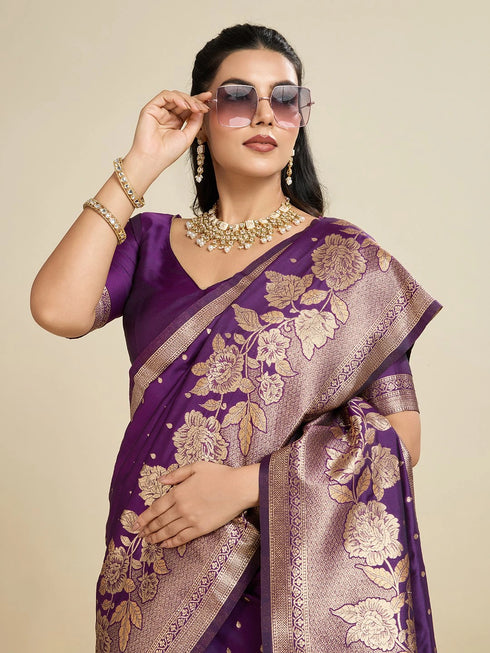 Wine Soft Kanjivaram Silk Traditional Function Wear Soft Kanjivaram Silk Saree Collection With Blouse - Detail View | Samyak Fashion