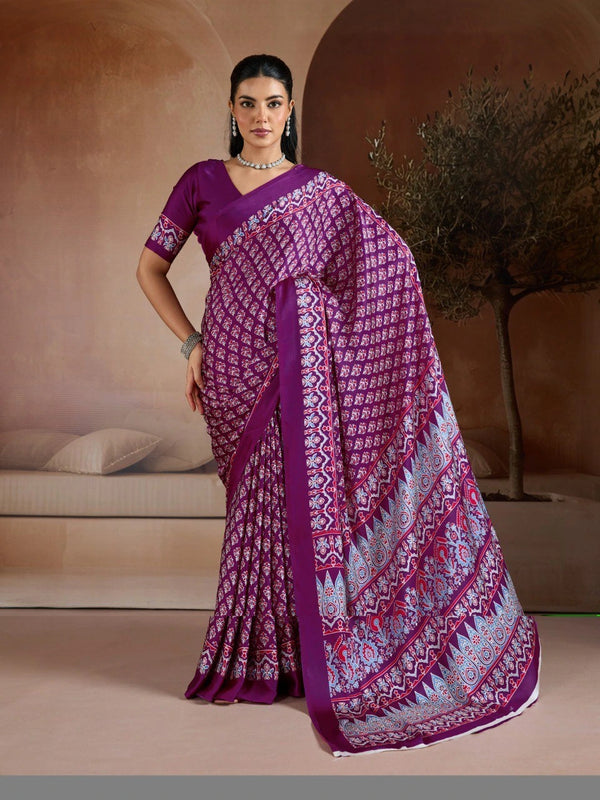Wine Soft Satin Georgette Elegant Party Wear Saree Collection With Blouse - Front View | Samyak Fashion