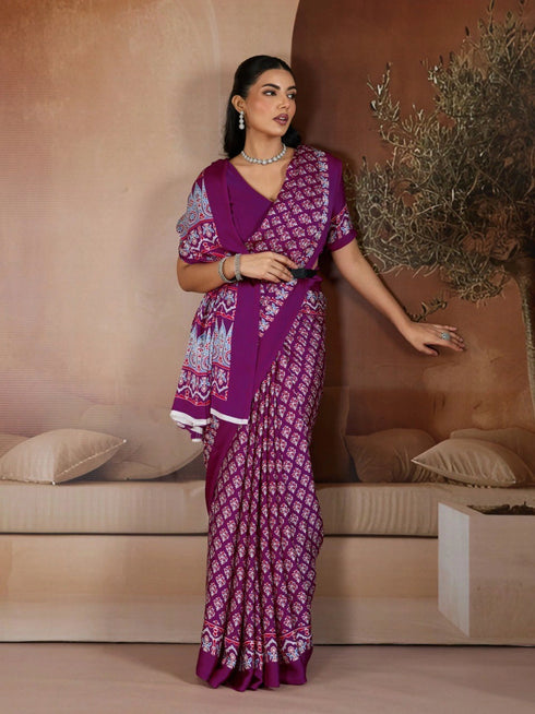 Wine Soft Satin Georgette Elegant Party Wear Saree Collection With Blouse - Back View | Samyak Fashion