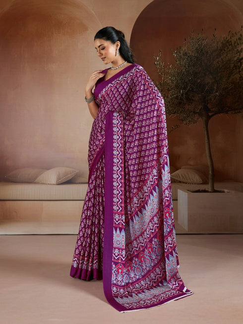 Wine Soft Satin Georgette Elegant Party Wear Saree Collection With Blouse - Side View | Samyak Fashion