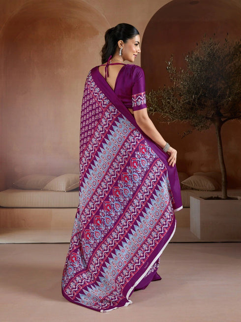Wine Soft Satin Georgette Elegant Party Wear Saree Collection With Blouse - Detail View | Samyak Fashion