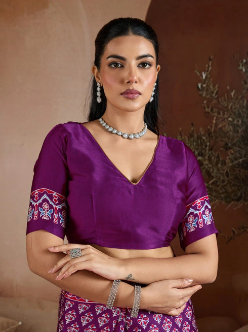 Wine Soft Satin Georgette Elegant Party Wear Saree Collection With Blouse - Full View | Samyak Fashion