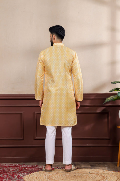 Yellow Art Silk Mens Kurta With Payjama - Back View | Samyak Fashion