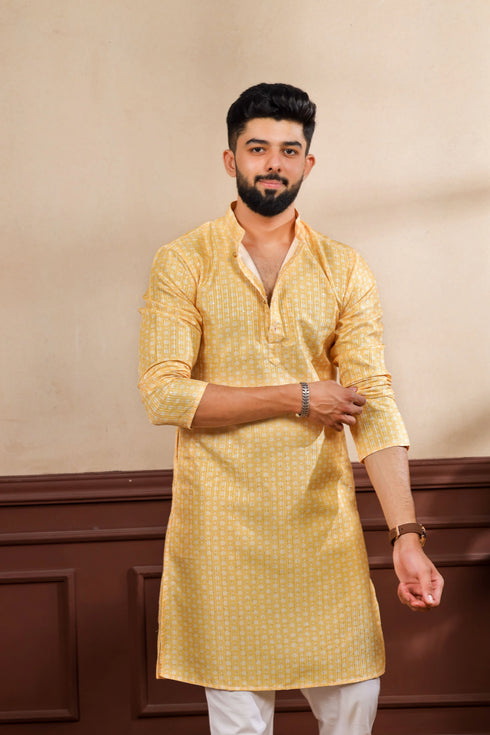 Yellow Art Silk Mens Kurta With Payjama - Side View | Samyak Fashion