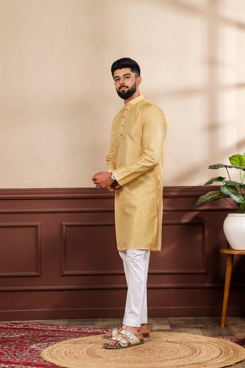 Yellow Art Silk Mens Kurta With Payjama - Detail View | Samyak Fashion