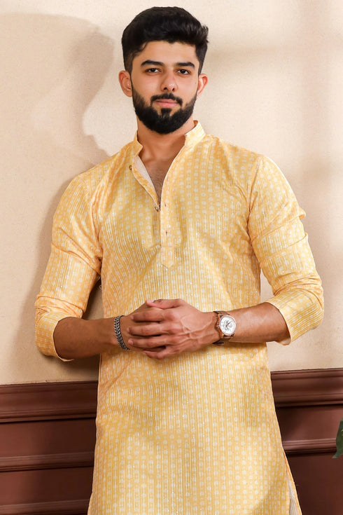 Yellow Art Silk Mens Kurta With Payjama - Close-up View | Samyak Fashion