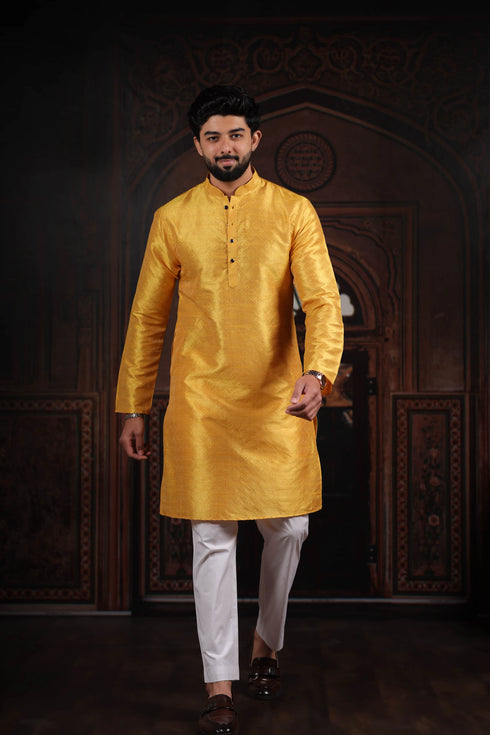 Yellow Art Silk Mens Kurta With Payjama - Front View | Samyak Fashion