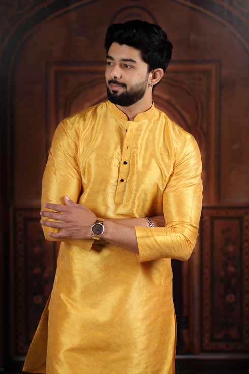 Yellow Art Silk Mens Kurta With Payjama - Side View | Samyak Fashion