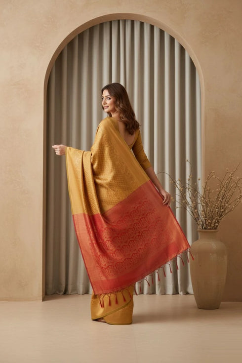Yellow Art Silk Saree With Blouse - Side View | Samyak Fashion