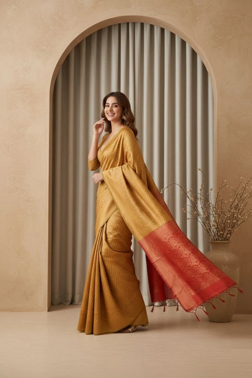 Yellow Art Silk Saree With Blouse - Detail View | Samyak Fashion