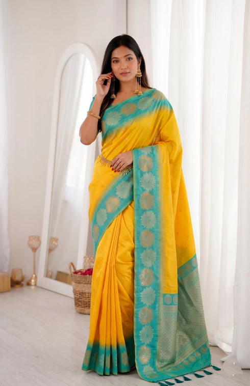 Yellow Banarasi Soft Silk Party Wear Saree With Blouse - Front View | Samyak Fashion