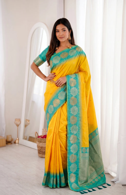 Yellow Banarasi Soft Silk Party Wear Saree With Blouse - Back View | Samyak Fashion