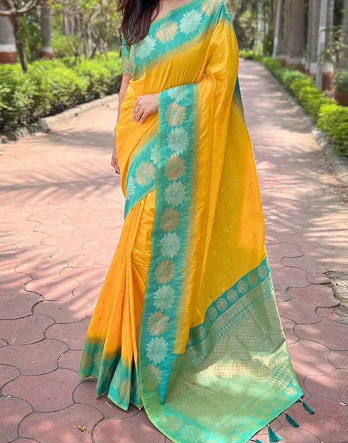 Yellow Banarasi Soft Silk Party Wear Saree With Blouse - Side View | Samyak Fashion