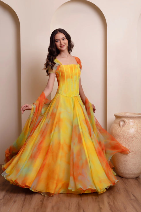Yellow Chiffon Arty Lehenga Choli - Front View | Samyak Fashion