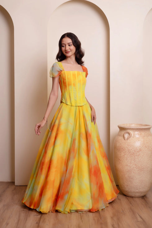 Yellow Chiffon Arty Lehenga Choli - Side View | Samyak Fashion