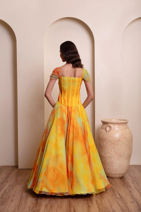Yellow Chiffon Arty Lehenga Choli - Detail View | Samyak Fashion