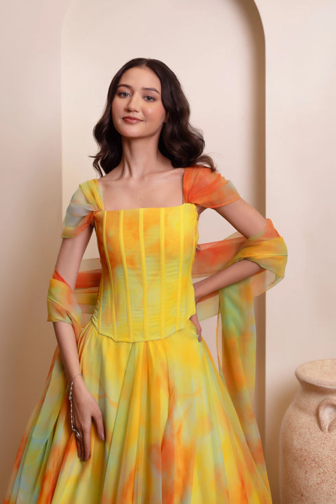 Yellow Chiffon Arty Lehenga Choli - Close-up View | Samyak Fashion