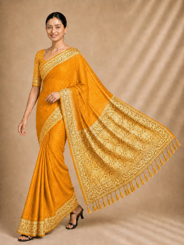 Yellow Chiffon Saree With Blouse - Front View | Samyak Fashion