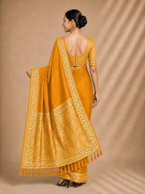 Yellow Chiffon Saree With Blouse - Back View | Samyak Fashion