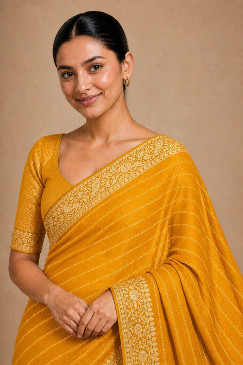 Yellow Chiffon Saree With Blouse - Side View | Samyak Fashion