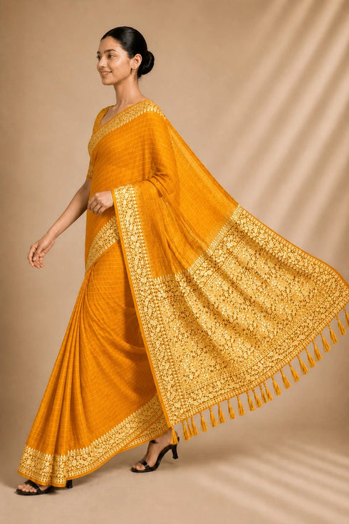 Yellow Chiffon Saree With Blouse - Detail View | Samyak Fashion