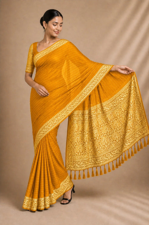 Yellow Chiffon Saree With Blouse - Close-up View | Samyak Fashion