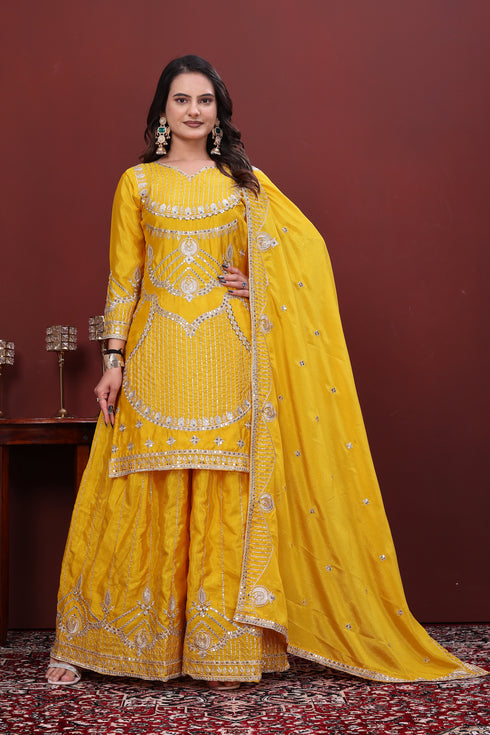 Yellow Chinon Salwar Suit - Front View | Samyak Fashion