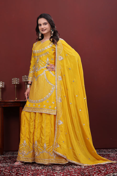 Yellow Chinon Salwar Suit - Side View | Samyak Fashion