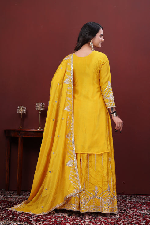 Yellow Chinon Salwar Suit - Detail View | Samyak Fashion