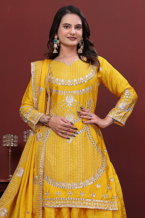 Yellow Chinon Salwar Suit - Close-up View | Samyak Fashion