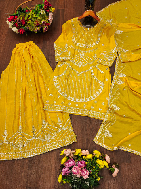 Yellow Chinon Salwar Suit - Full View | Samyak Fashion