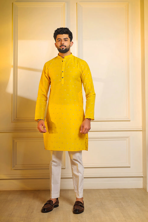 Yellow Cotton Mens Kurta With Payjama - Front View | Samyak Fashion
