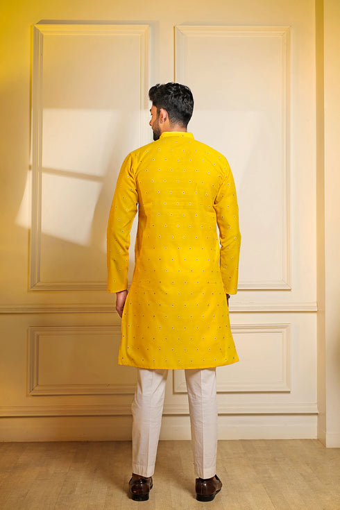 Yellow Cotton Mens Kurta With Payjama - Back View | Samyak Fashion
