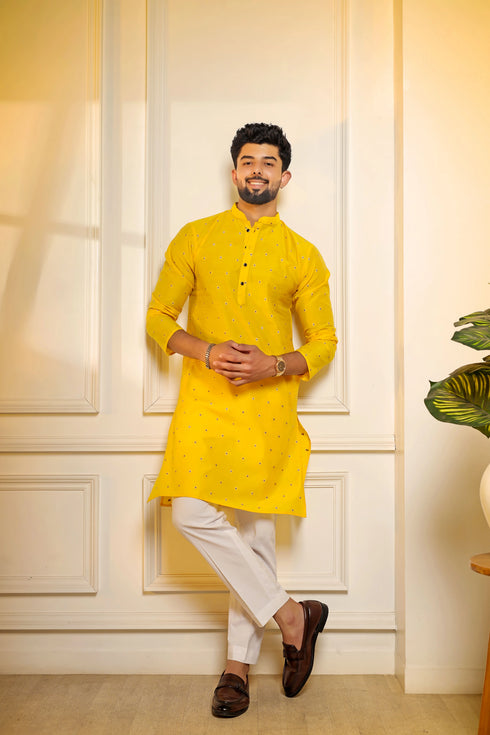 Yellow Cotton Mens Kurta With Payjama - Detail View | Samyak Fashion