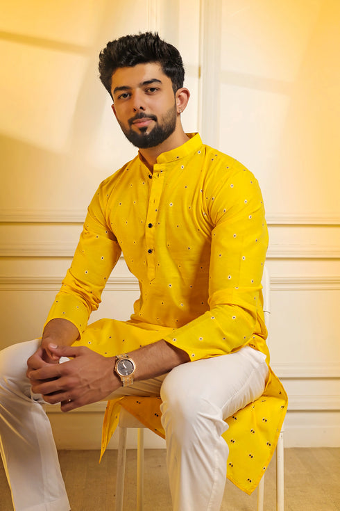 Yellow Cotton Mens Kurta With Payjama - Close-up View | Samyak Fashion