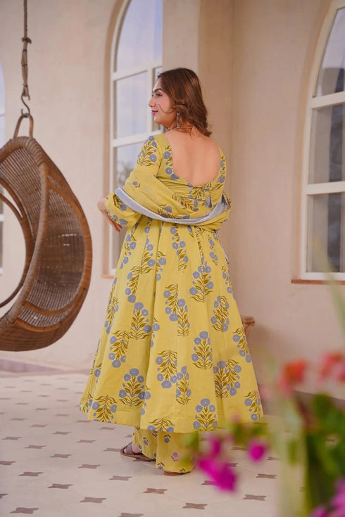 Yellow Cotton Silk Salwar Suit - Back View | Samyak Fashion