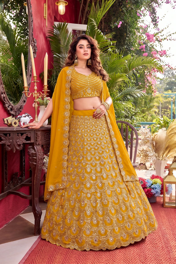 Yellow Faux Georgette Lehenga Choli Ethnic Real Mirror Sequins Embroidery Work With Cancan & Canvas Patta - Front View | Samyak Fashion